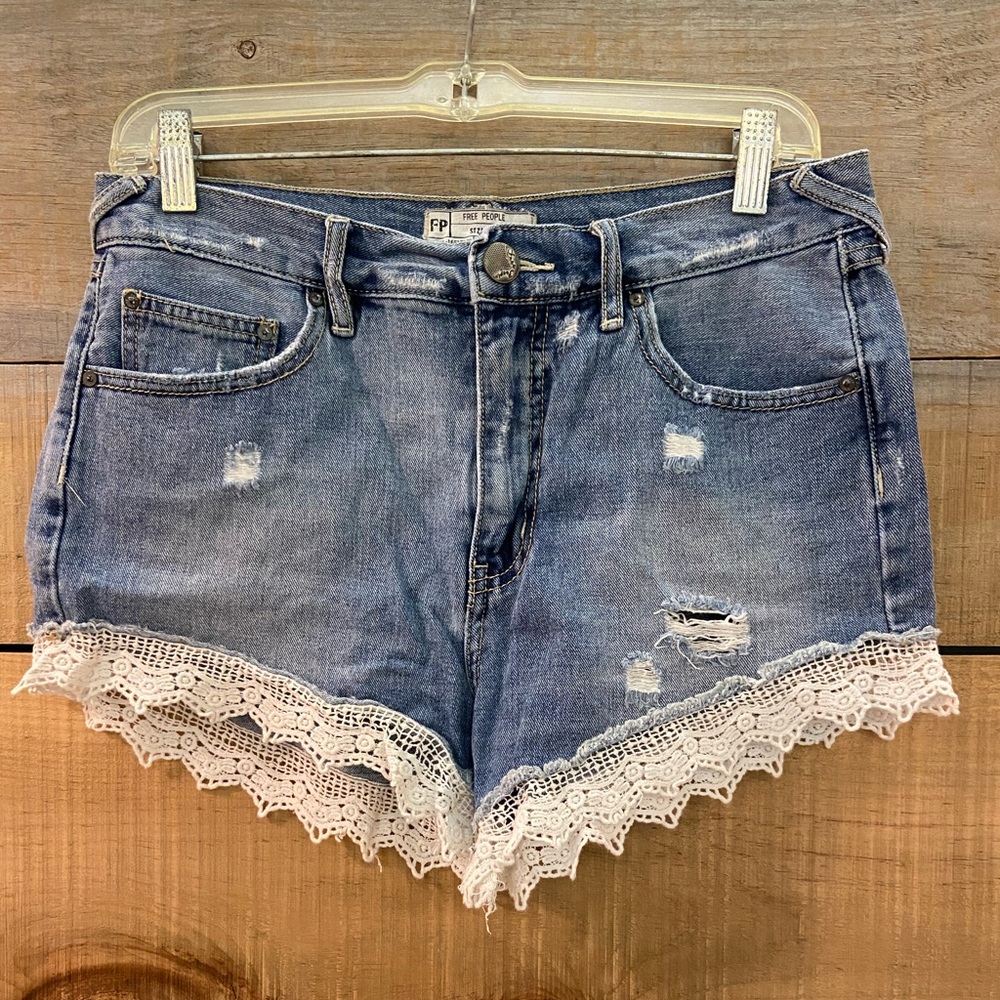 Free People Mid Rise Denim Lace Shorts